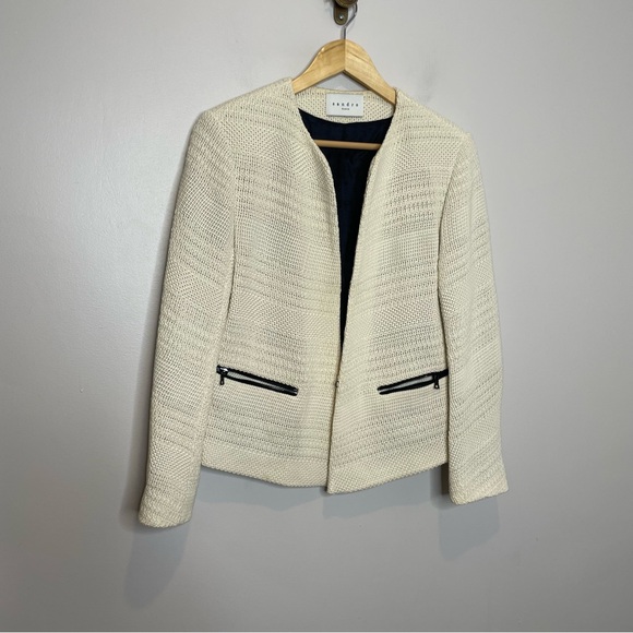 Sandro Vladia Textured Woven Cotton Blazer Jacket in Ecru - Picture 6 of 9